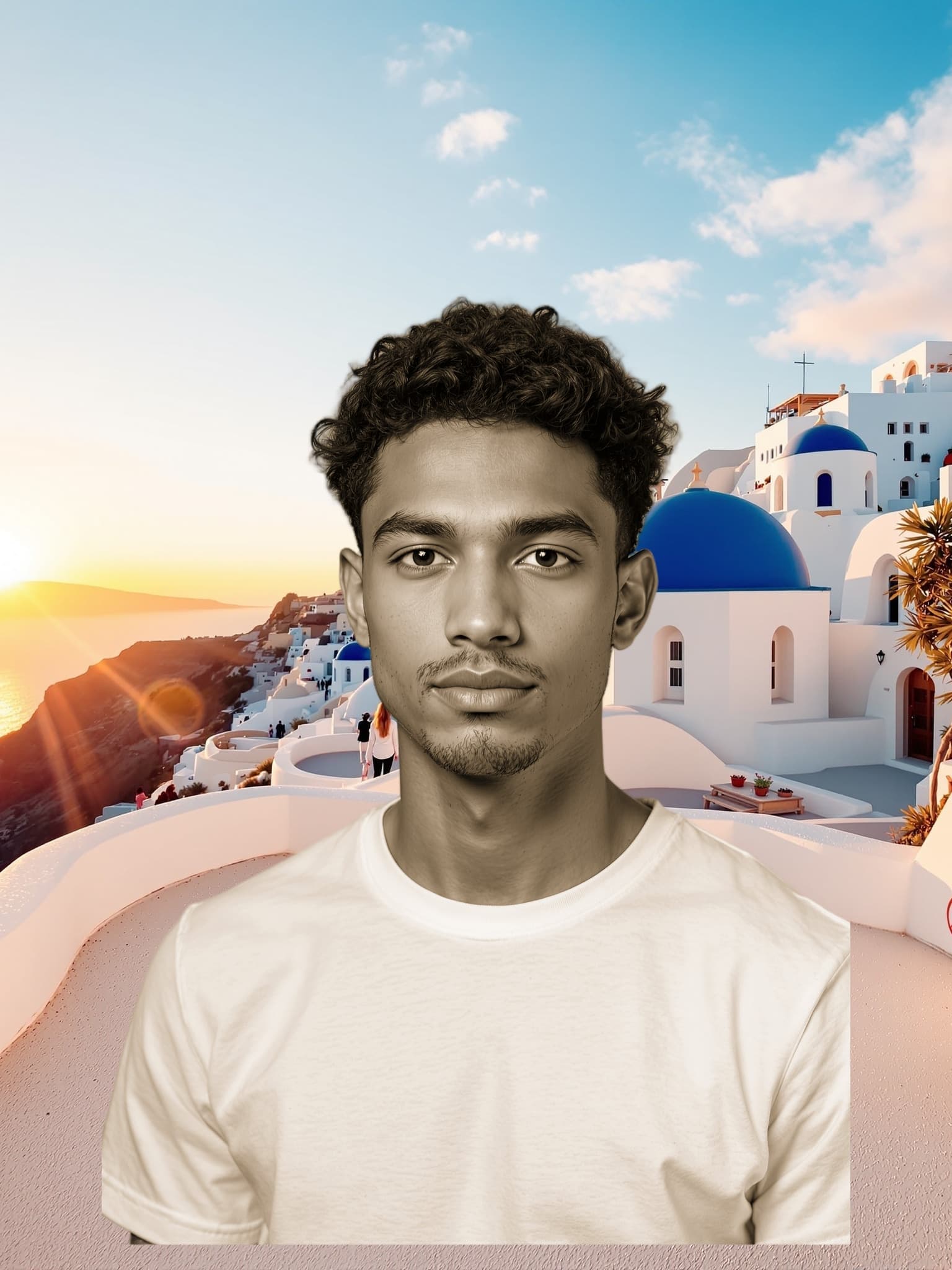 The same person placed in Santorini at golden hour