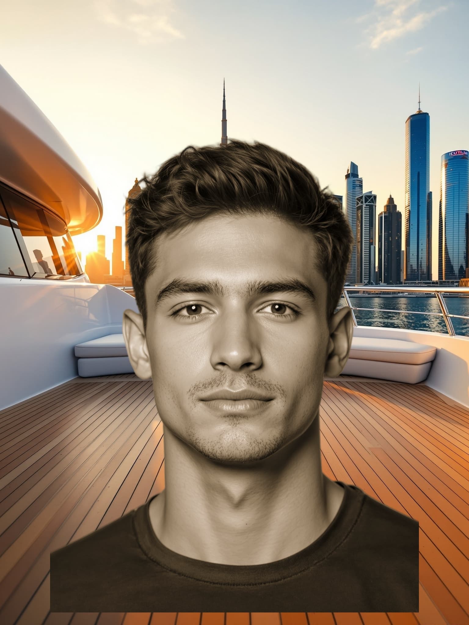 The source selfie placed in Dubai yacht, at sunset