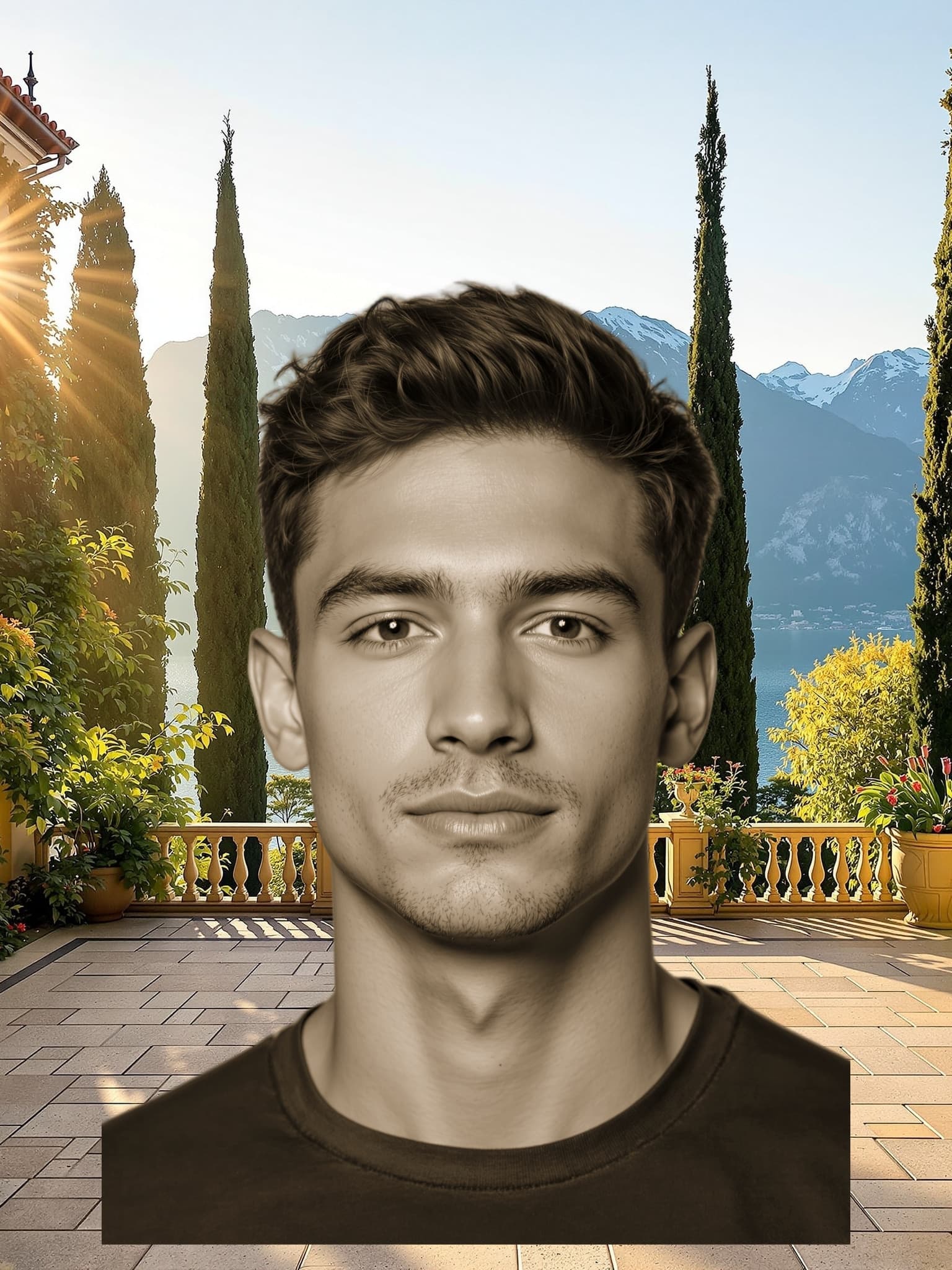 The source selfie placed in Lake Como, villa terrace