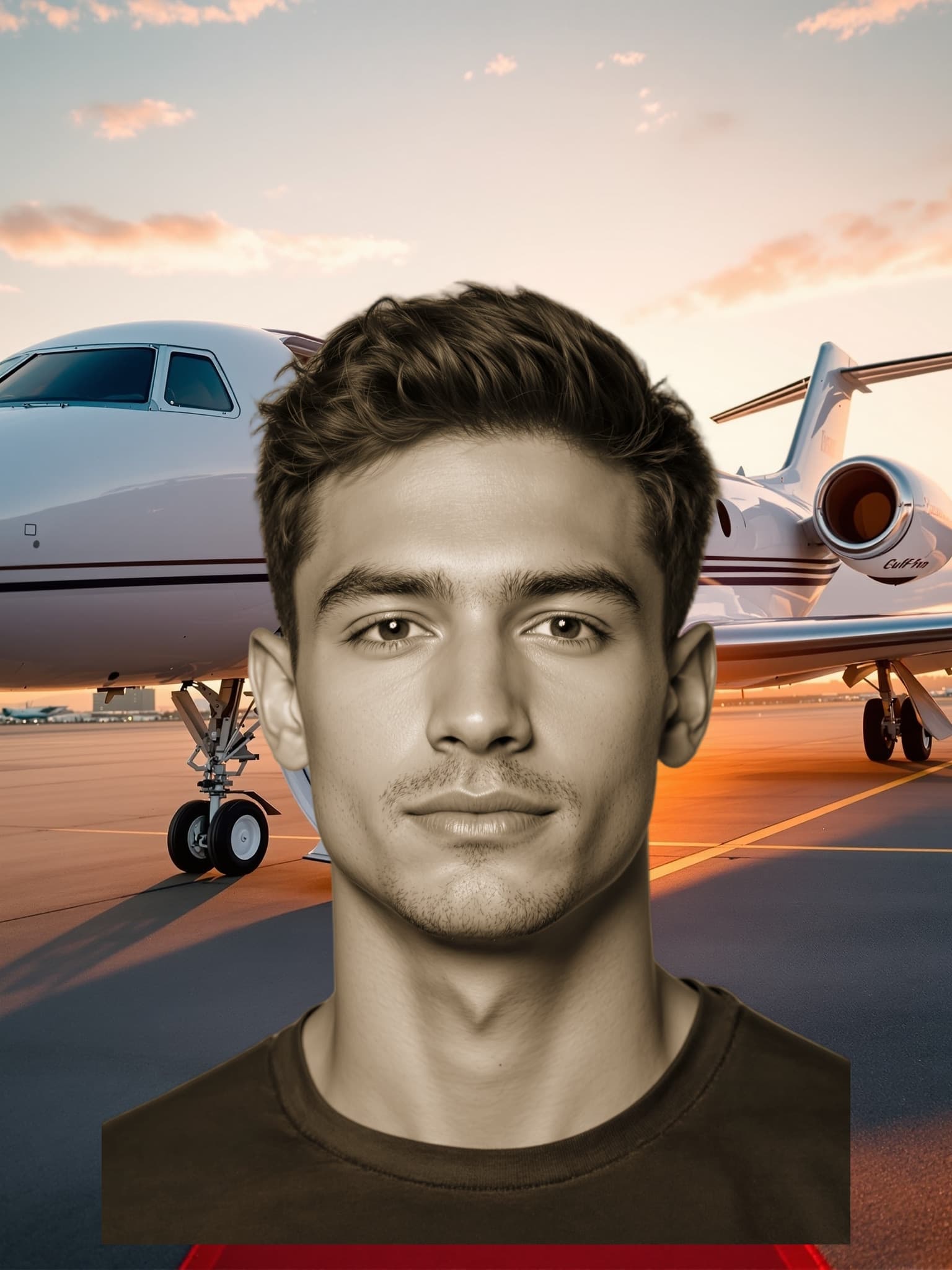 The source selfie placed in Private jet stairs, at sunset