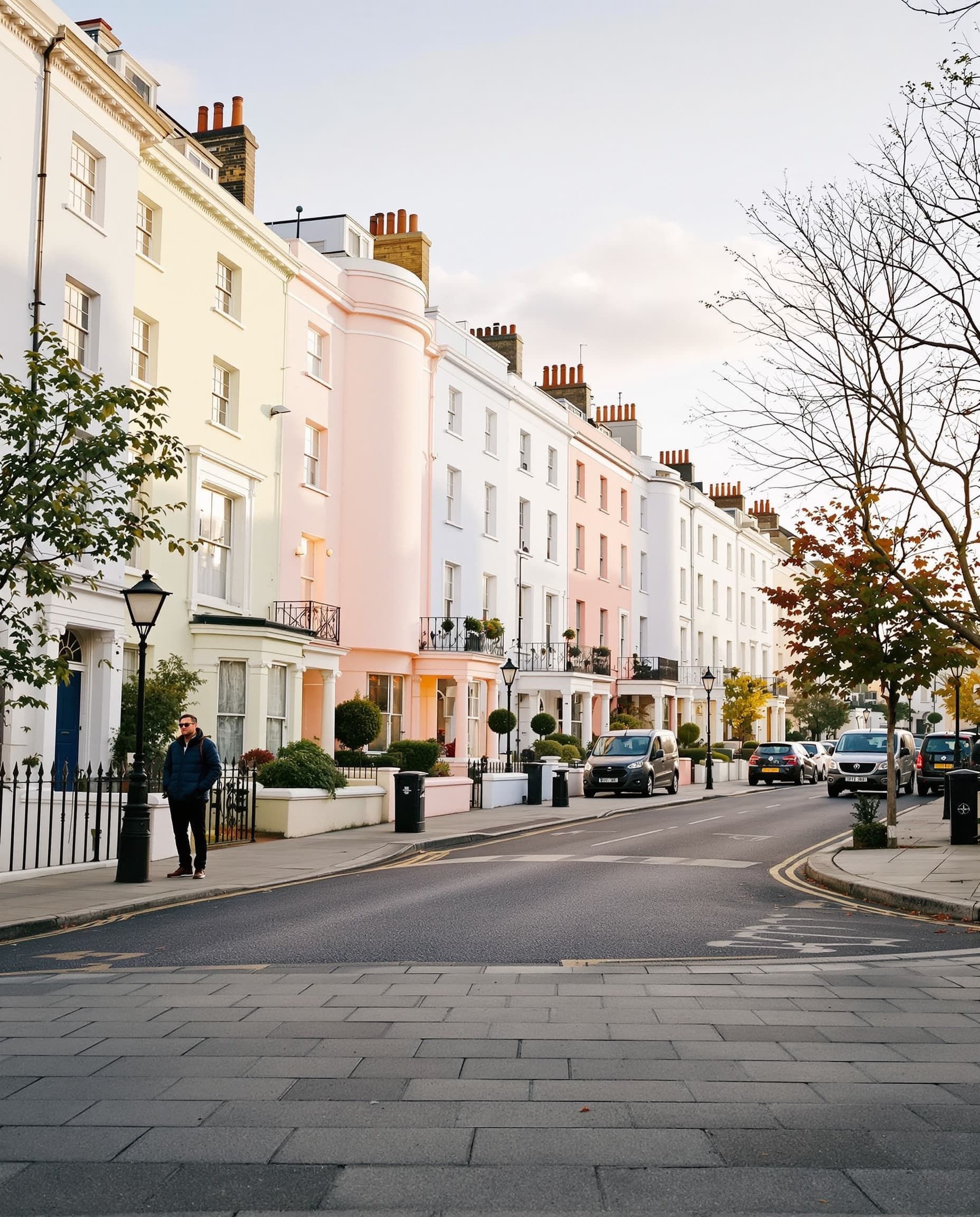 A Notting Hill street in London lined with pastel coloured townhouses