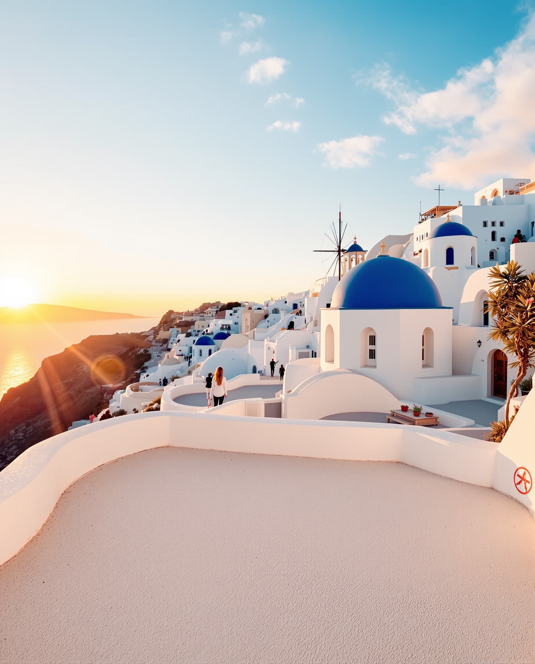 Santorini caldera at golden hour, the iconic blue domes and whitewashed houses