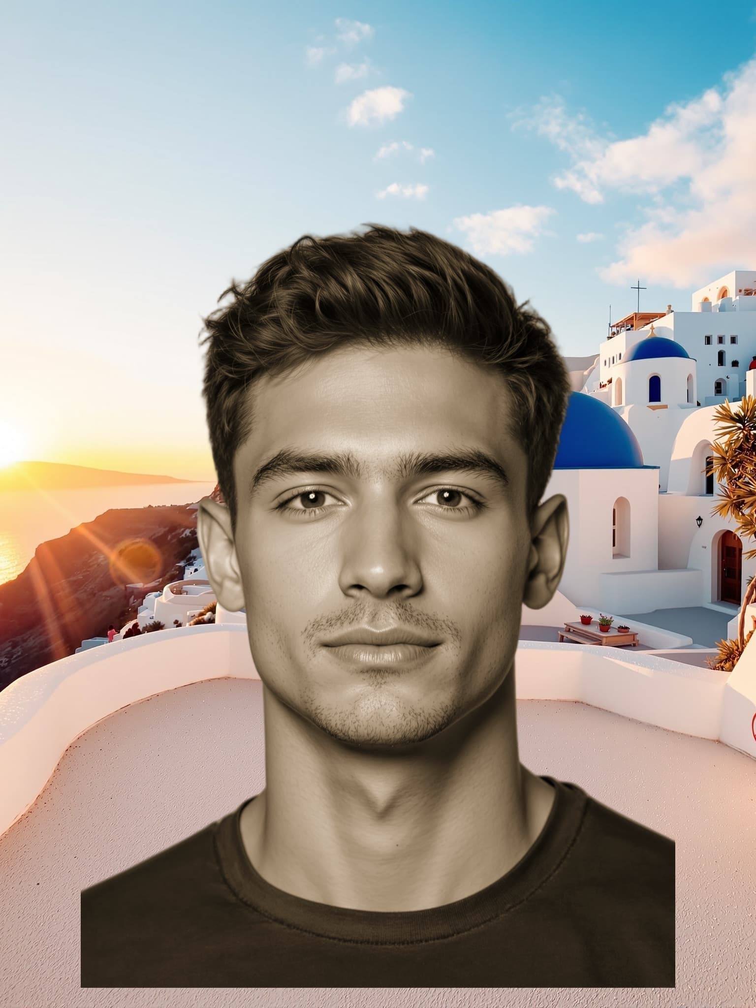 The source selfie placed in Santorini, at golden hour
